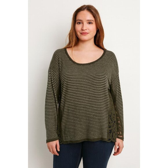 Free People M Striped Long Sleeve Top Olive Lace Accents Cotton Blend Womens Boh - Picture 1 of 9